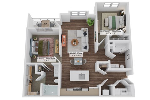Floor plan for 2 beds, 2 baths, 1075 sqft